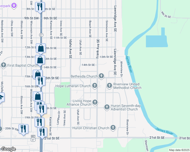 map of restaurants, bars, coffee shops, grocery stores, and more near 563 15th St SE in Huron