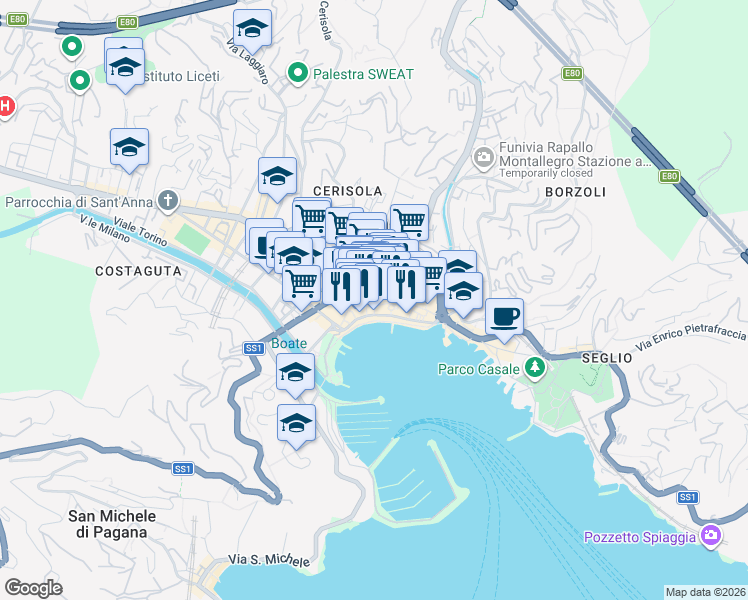map of restaurants, bars, coffee shops, grocery stores, and more near 24 Via Marsala in Rapallo