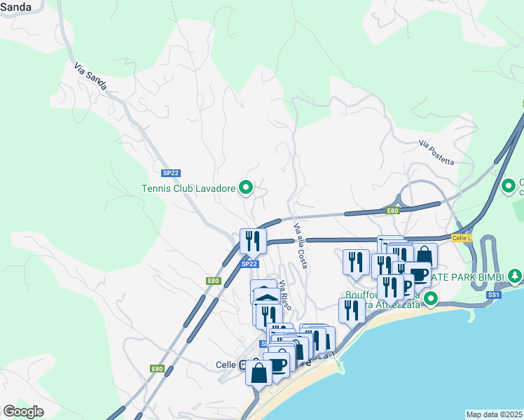map of restaurants, bars, coffee shops, grocery stores, and more near 22 Via Lavadore in Celle Ligure