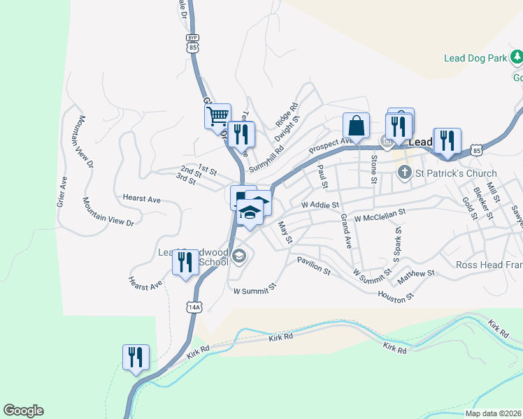 map of restaurants, bars, coffee shops, grocery stores, and more near 198 South Main Street in Lead