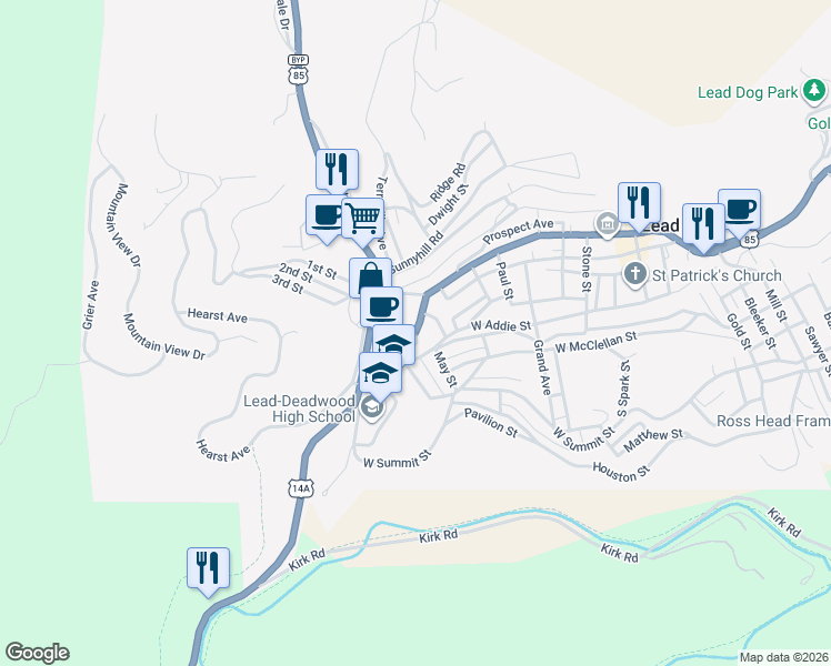 map of restaurants, bars, coffee shops, grocery stores, and more near 198 South Main Street in Lead