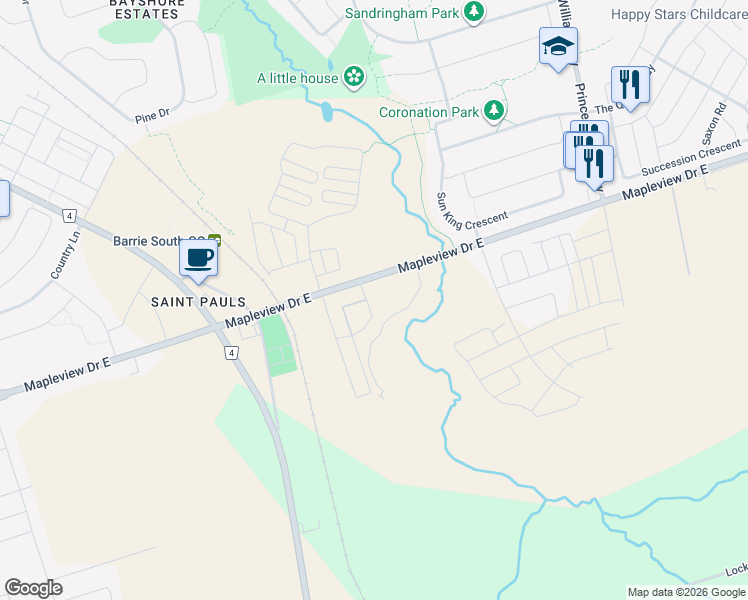 map of restaurants, bars, coffee shops, grocery stores, and more near 750 Mapleview Drive East in Barrie