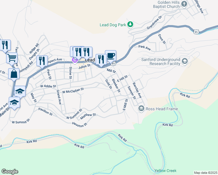 map of restaurants, bars, coffee shops, grocery stores, and more near 401 Gold Street in Lead