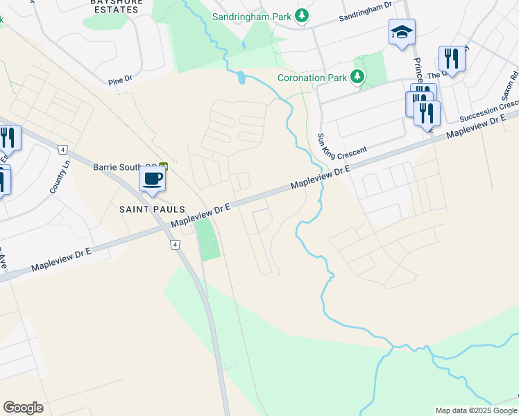 map of restaurants, bars, coffee shops, grocery stores, and more near in Barrie