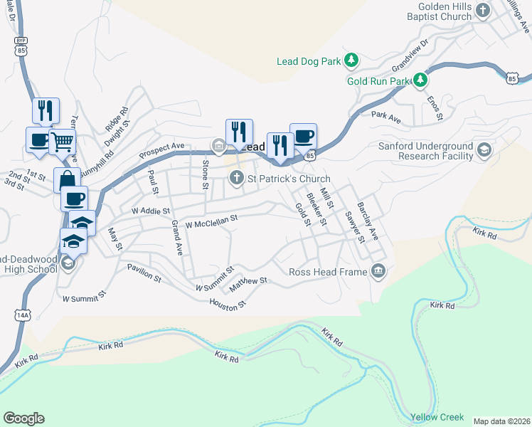 map of restaurants, bars, coffee shops, grocery stores, and more near 309 Wall St in Lead