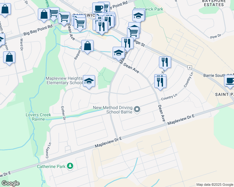 map of restaurants, bars, coffee shops, grocery stores, and more near Esther Drive in Barrie