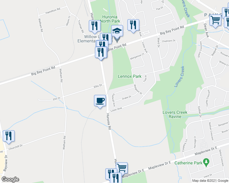 map of restaurants, bars, coffee shops, grocery stores, and more near 62 Gadwall Avenue in Barrie