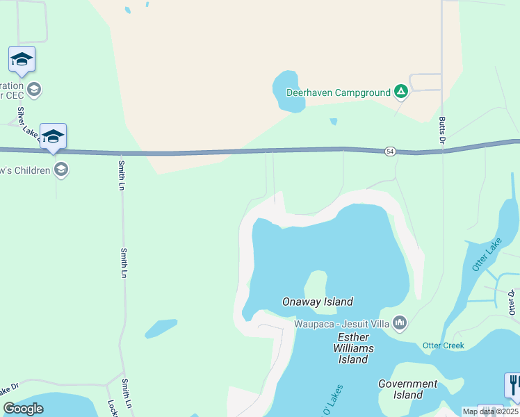 map of restaurants, bars, coffee shops, grocery stores, and more near N3026 Highland Lane in Waupaca
