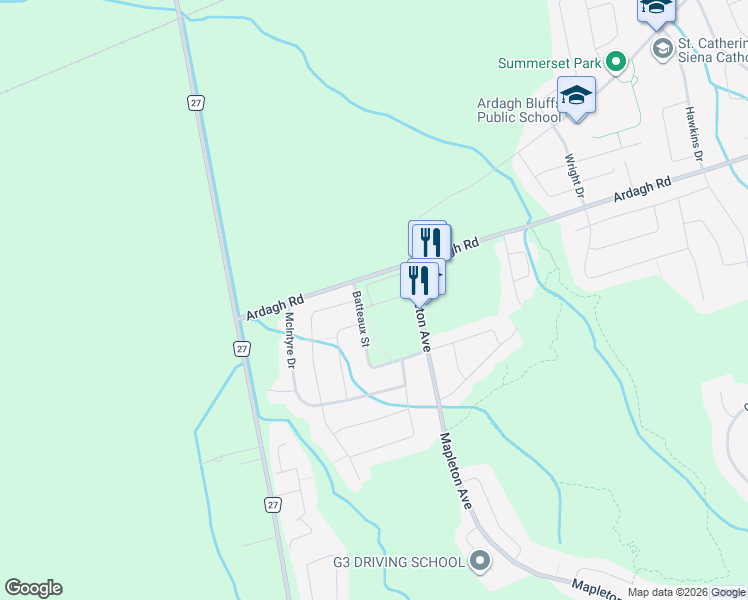 map of restaurants, bars, coffee shops, grocery stores, and more near 38 Deneb Street in Barrie