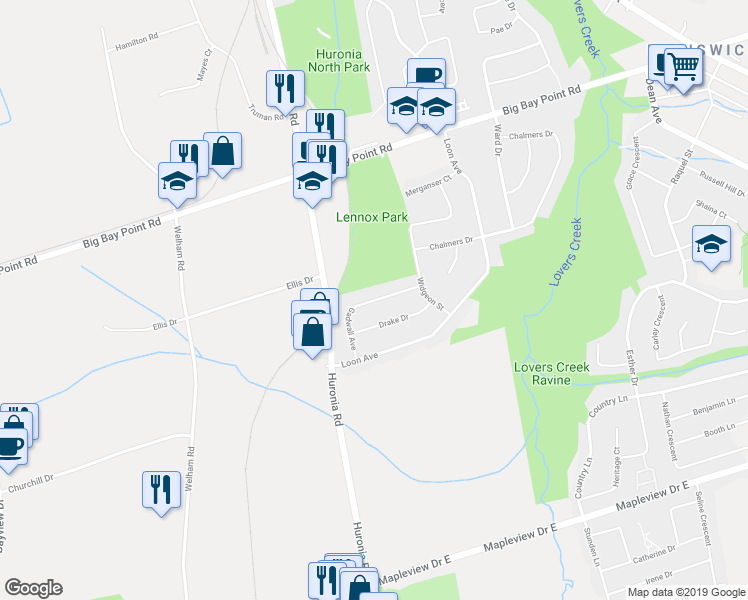 map of restaurants, bars, coffee shops, grocery stores, and more near Gadwall Avenue in Barrie