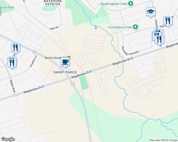 map of restaurants, bars, coffee shops, grocery stores, and more near 45 Saint Paul's Crescent in Barrie