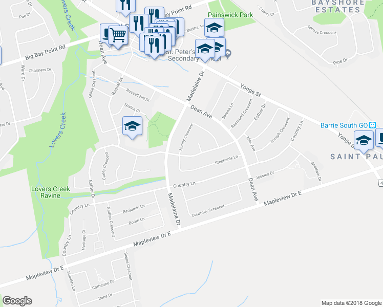 map of restaurants, bars, coffee shops, grocery stores, and more near 131 Esther Drive in Barrie