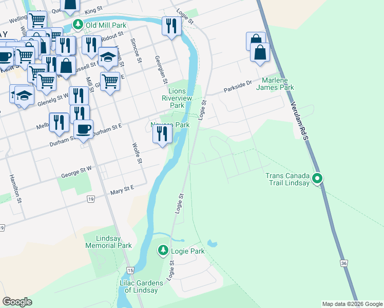 map of restaurants, bars, coffee shops, grocery stores, and more near in Kawartha Lakes