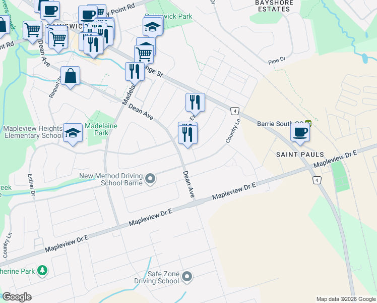 map of restaurants, bars, coffee shops, grocery stores, and more near 21 Max Avenue in Barrie