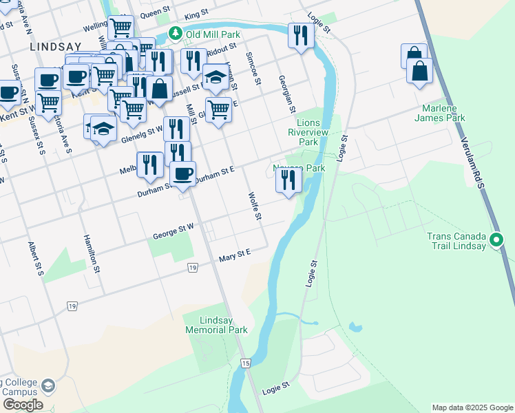 map of restaurants, bars, coffee shops, grocery stores, and more near 33 George Street East in Lindsay