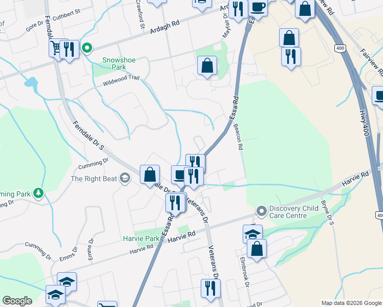 map of restaurants, bars, coffee shops, grocery stores, and more near 369 Essa Road in Barrie