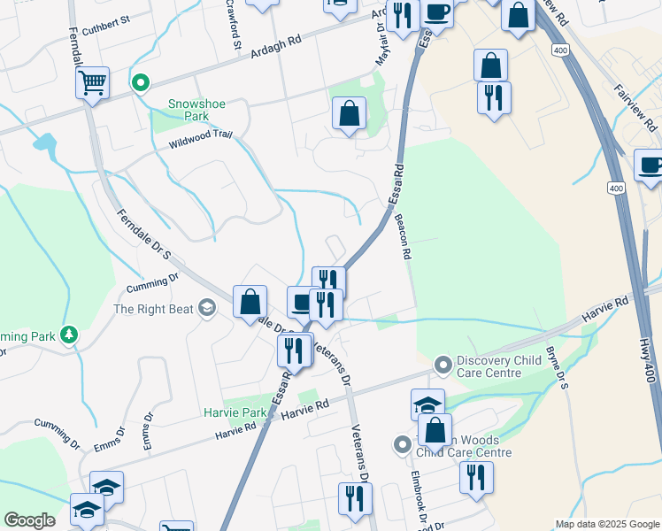 map of restaurants, bars, coffee shops, grocery stores, and more near 386 Essa Road in Barrie