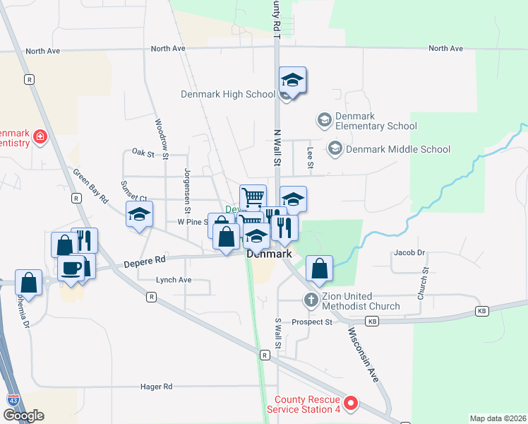 map of restaurants, bars, coffee shops, grocery stores, and more near 125 East Pine Street in Denmark