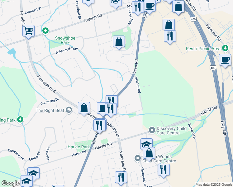 map of restaurants, bars, coffee shops, grocery stores, and more near 369 Essa Road in Barrie
