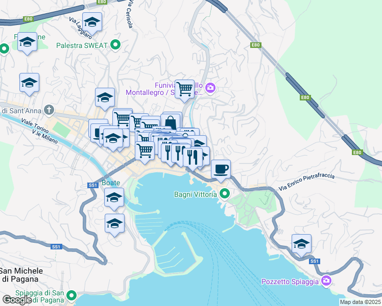 map of restaurants, bars, coffee shops, grocery stores, and more near 15 Via Montebello in Rapallo