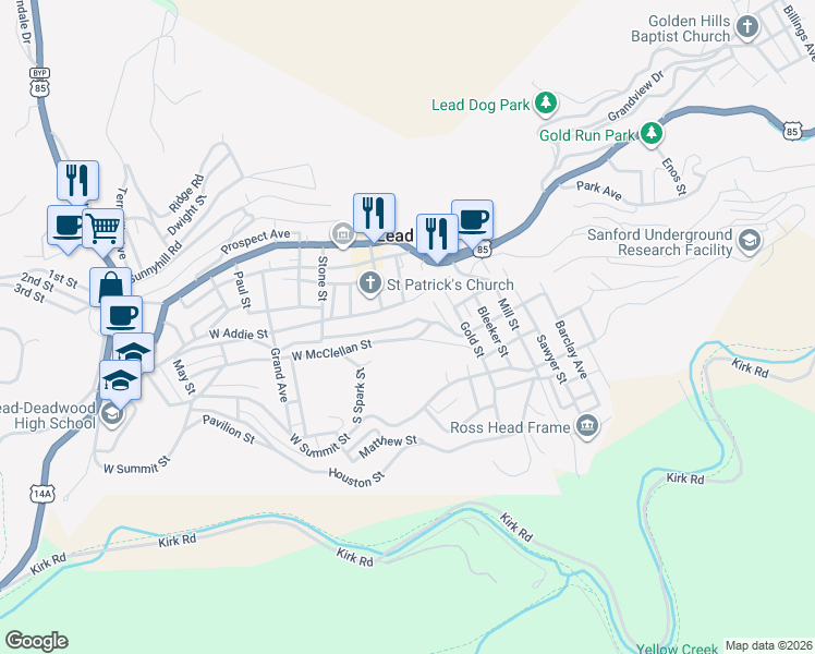 map of restaurants, bars, coffee shops, grocery stores, and more near 301-309 Wall St in Lead