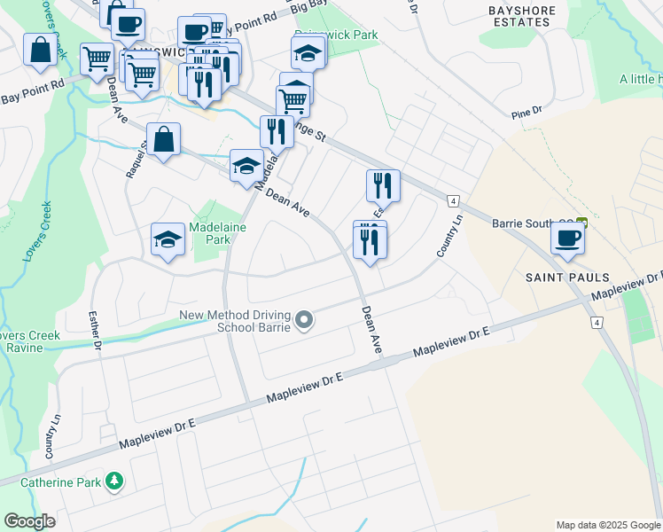map of restaurants, bars, coffee shops, grocery stores, and more near 99 Esther Drive in Barrie