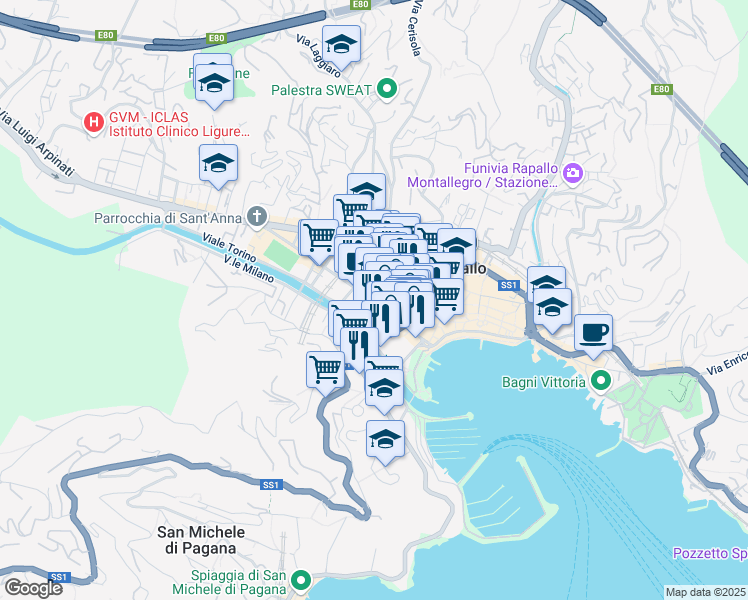 map of restaurants, bars, coffee shops, grocery stores, and more near 6 Via Rosselli Carlo e Nello in Rapallo