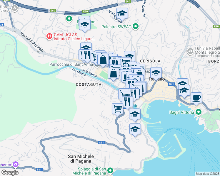 map of restaurants, bars, coffee shops, grocery stores, and more near 50 Via Costaguta in Rapallo