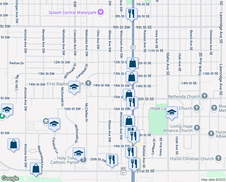 map of restaurants, bars, coffee shops, grocery stores, and more near 1598 Quarterback Court in Huron