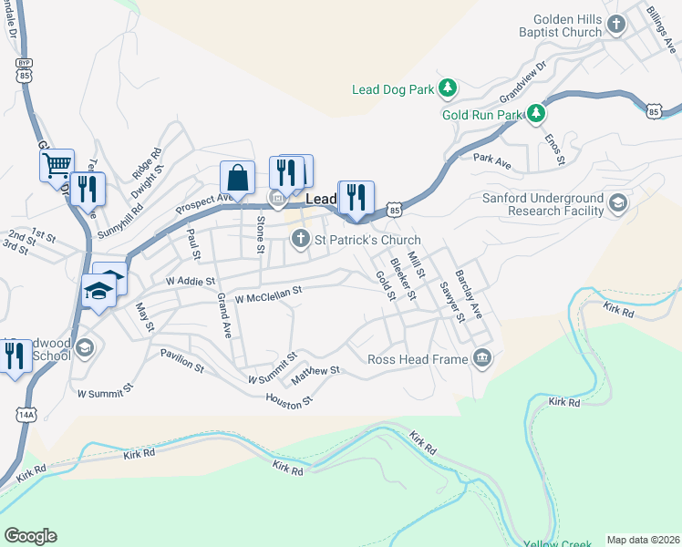 map of restaurants, bars, coffee shops, grocery stores, and more near 301-309 Wall St in Lead