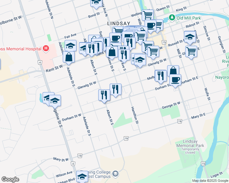 map of restaurants, bars, coffee shops, grocery stores, and more near 79 Melbourne Street West in Lindsay