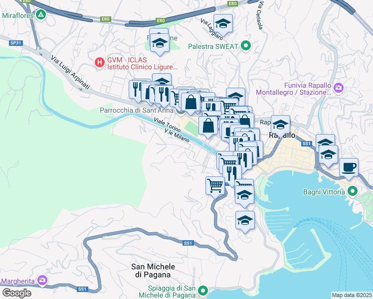 map of restaurants, bars, coffee shops, grocery stores, and more near 5 Via Priv. Caravelle in Rapallo