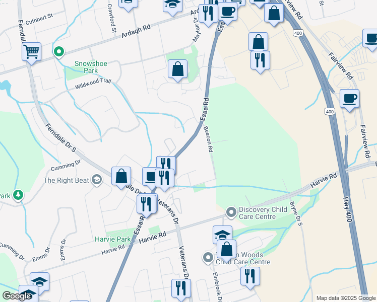 map of restaurants, bars, coffee shops, grocery stores, and more near 376 Essa Road in Barrie
