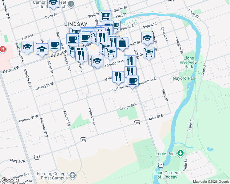 map of restaurants, bars, coffee shops, grocery stores, and more near 25 Durham Street West in Kawartha Lakes