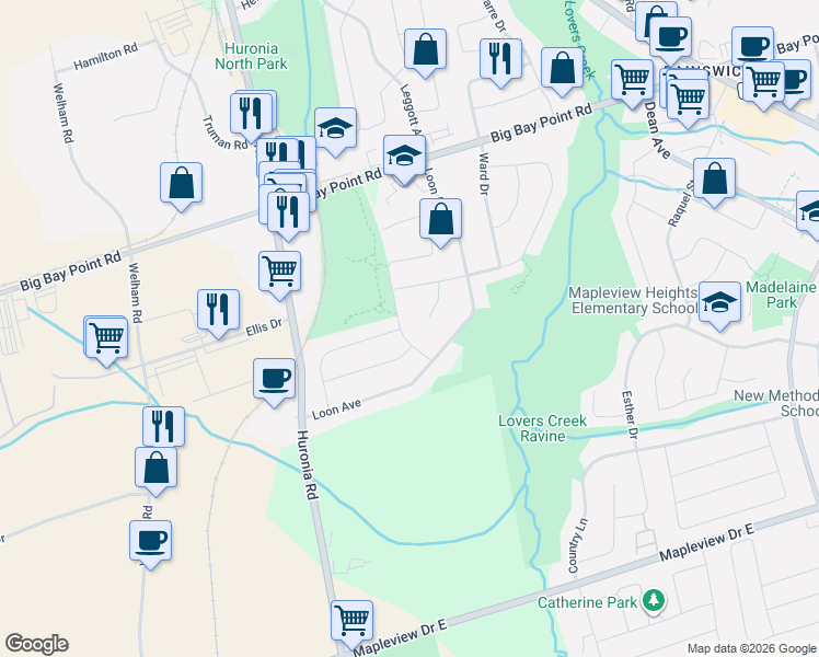 map of restaurants, bars, coffee shops, grocery stores, and more near 99 Widgeon Street in Barrie