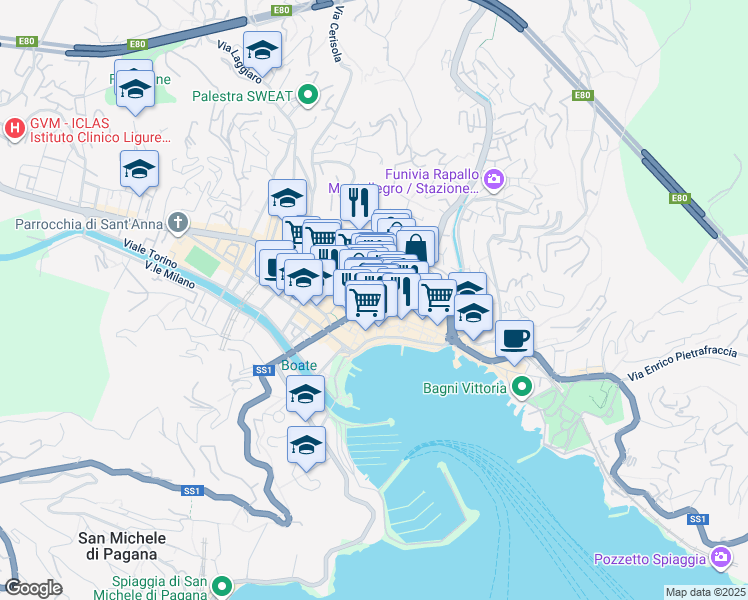 map of restaurants, bars, coffee shops, grocery stores, and more near 5 Piazza Molfino in Rapallo