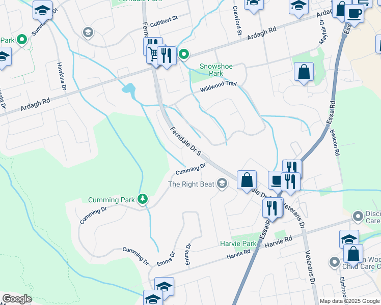 map of restaurants, bars, coffee shops, grocery stores, and more near 430 Ferndale Drive South in Barrie