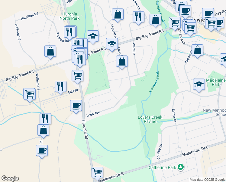 map of restaurants, bars, coffee shops, grocery stores, and more near 97 Widgeon Street in Barrie