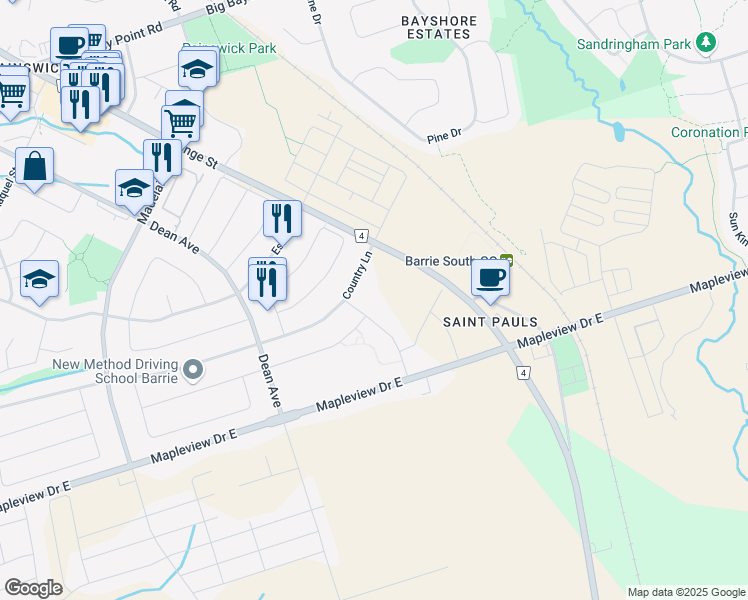 map of restaurants, bars, coffee shops, grocery stores, and more near in Barrie