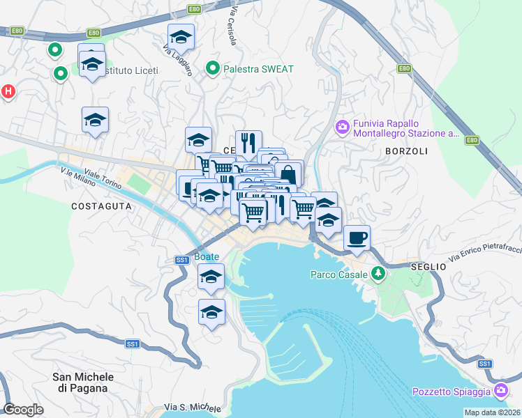 map of restaurants, bars, coffee shops, grocery stores, and more near in Rapallo