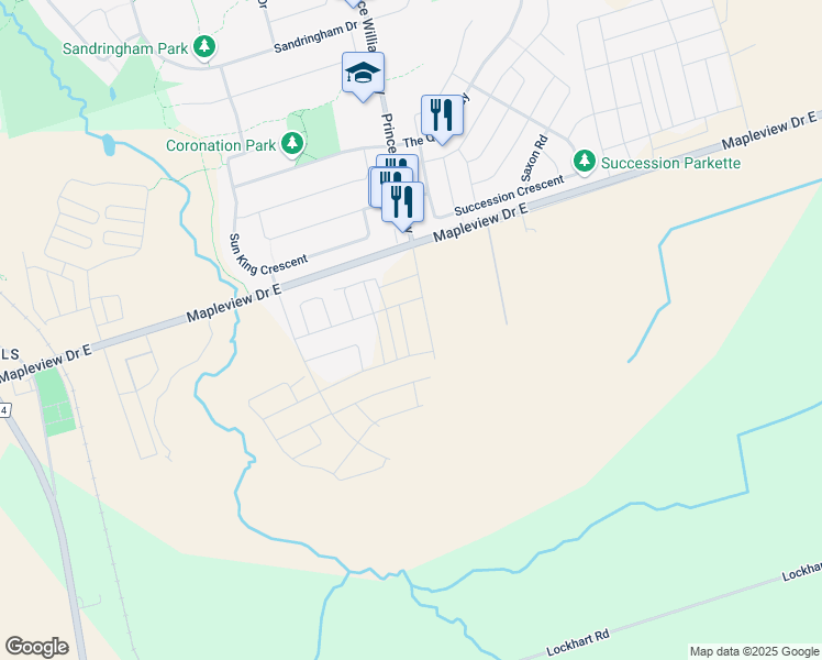 map of restaurants, bars, coffee shops, grocery stores, and more near 843 Mapleview Drive East in Barrie