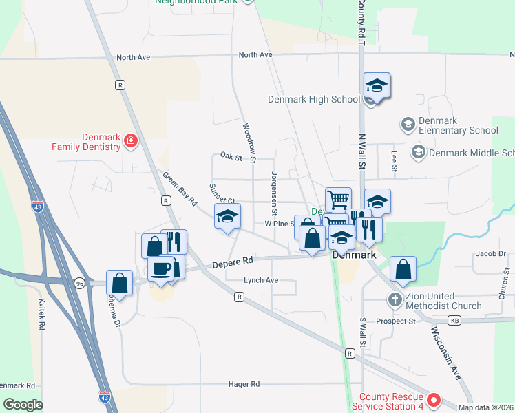 map of restaurants, bars, coffee shops, grocery stores, and more near 404 Sunset Court in Denmark