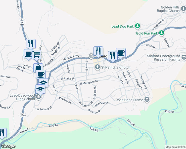 map of restaurants, bars, coffee shops, grocery stores, and more near 101 Lower Spark Street Lead in Lead