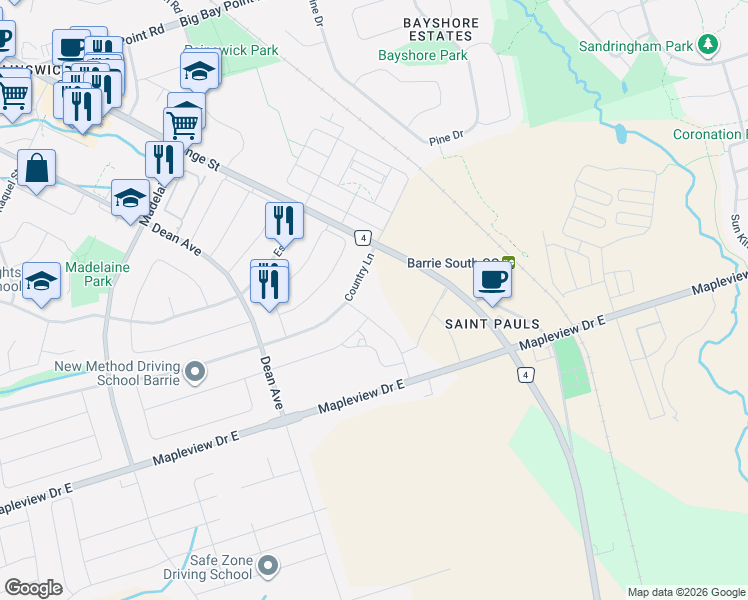 map of restaurants, bars, coffee shops, grocery stores, and more near 89 Goodwin Drive in Barrie