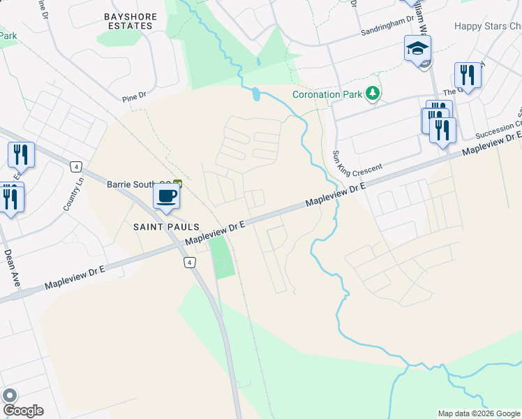 map of restaurants, bars, coffee shops, grocery stores, and more near 115 Appletree Lane in Barrie