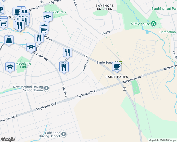 map of restaurants, bars, coffee shops, grocery stores, and more near 89 Goodwin Drive in Barrie