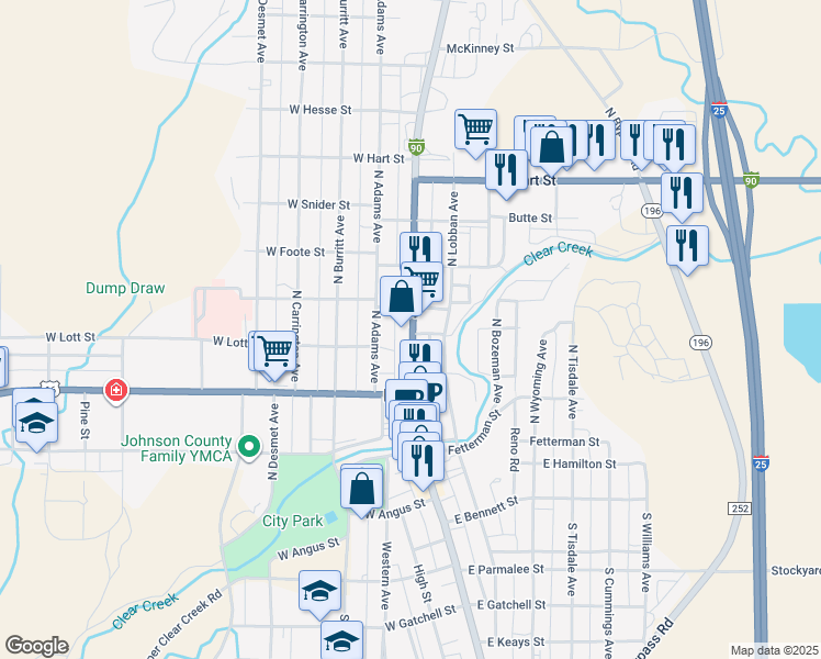 map of restaurants, bars, coffee shops, grocery stores, and more near 210 Insterstate 25 Business in Buffalo