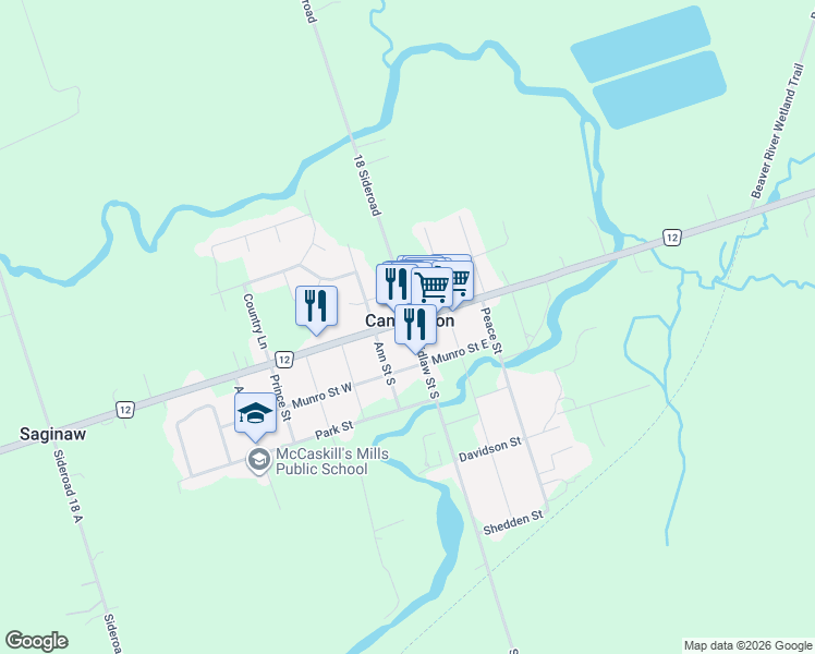 map of restaurants, bars, coffee shops, grocery stores, and more near 11 Cameron Street West in Cannington