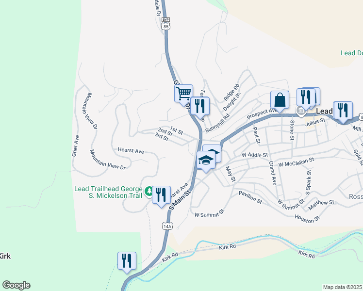 map of restaurants, bars, coffee shops, grocery stores, and more near 2 3rd Street in Lead