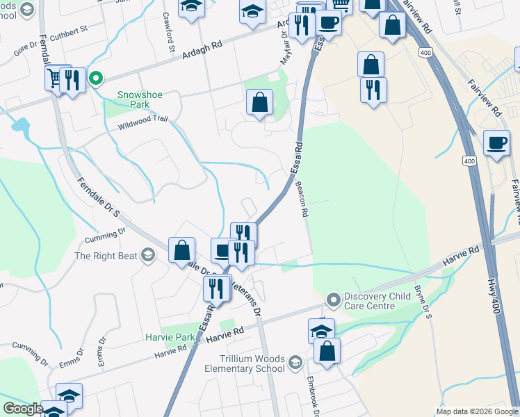 map of restaurants, bars, coffee shops, grocery stores, and more near 355 Essa Road in Barrie